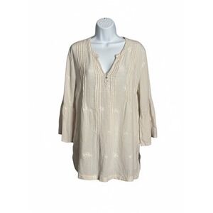 Antibes Blanc 100% Linen Embroidered Tunic Bell‎ Sleeves M Boho Indie Minimalist